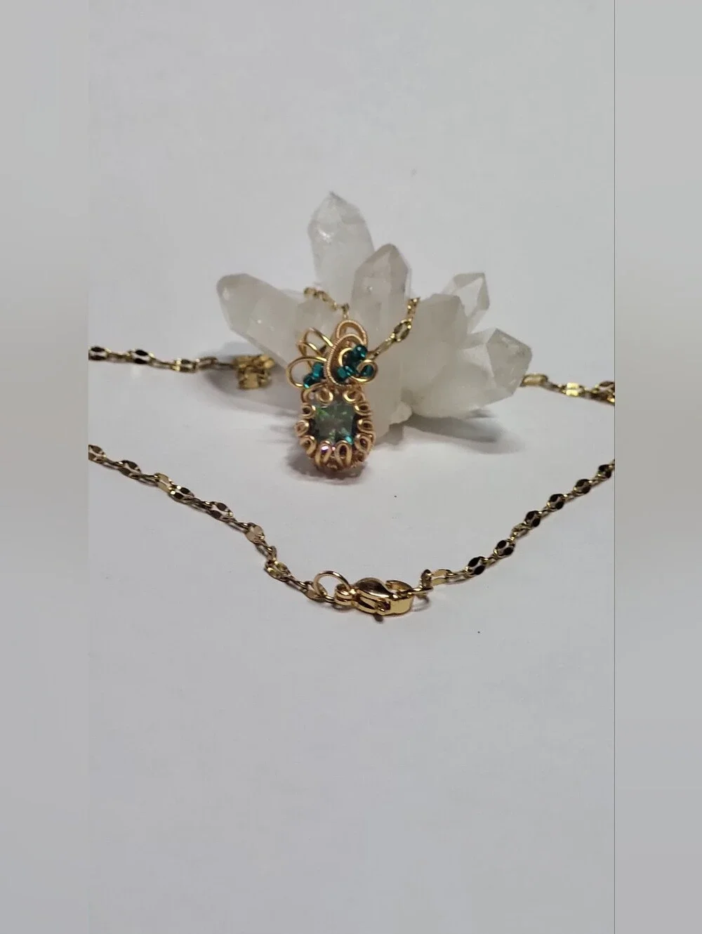 Wire-Wrapped Pendant Necklace with Rainbow Mystery Topaz & Teal Crystal Accent